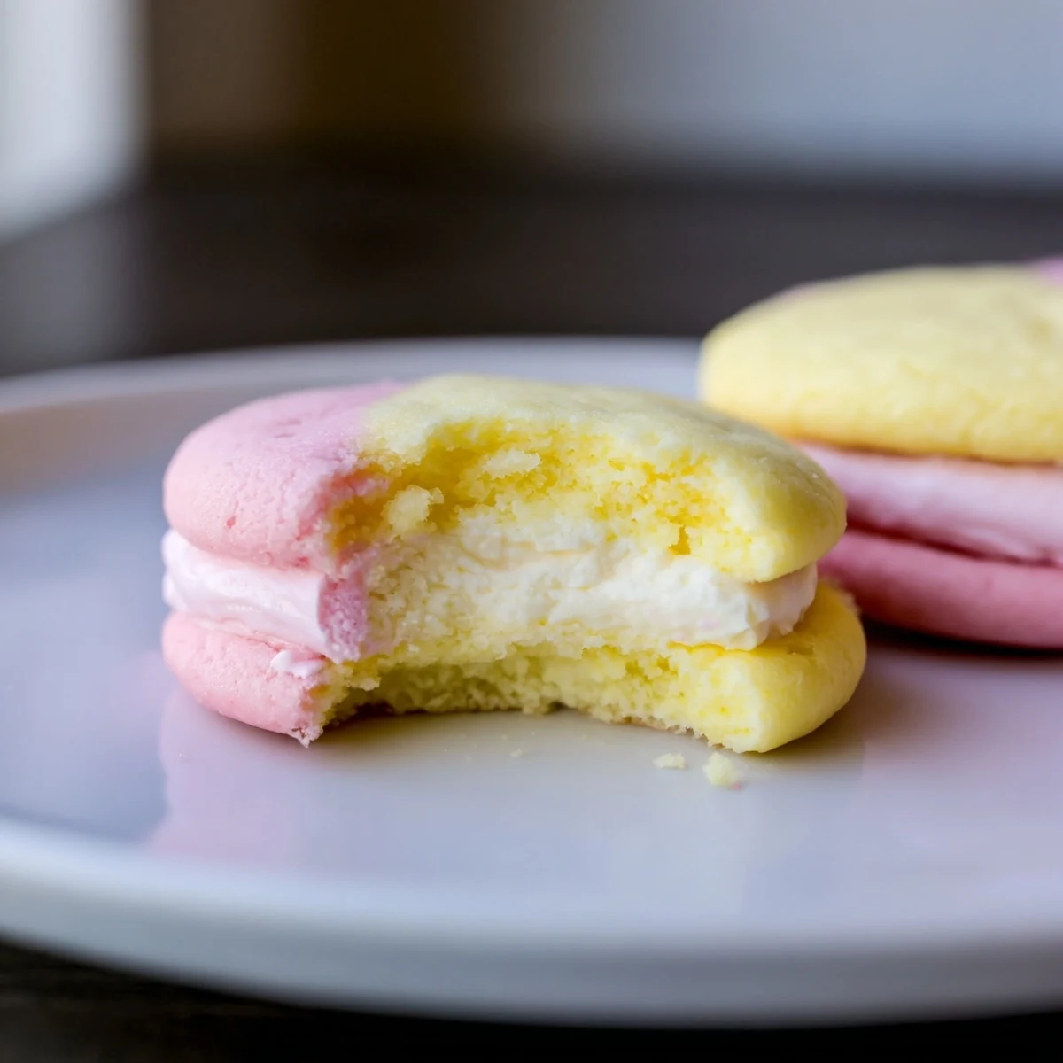 Freshly baked pastel sugar cookie sandwiches with creamy vanilla buttercream filling on a light table.
