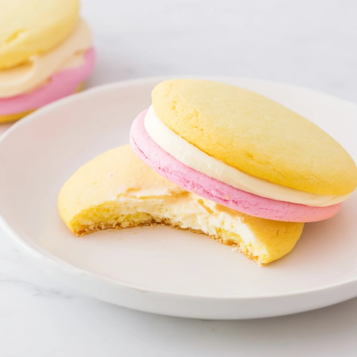 Close-up of pastel sugar cookie sandwiches showing soft edges and smooth buttercream center layer.