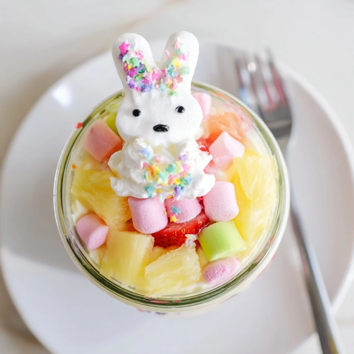 Layered Jello Pie Easter Bunny Parfait in a jar with strawberry and lemon gelatin cubes, fresh fruit, and marshmallow bunnies.