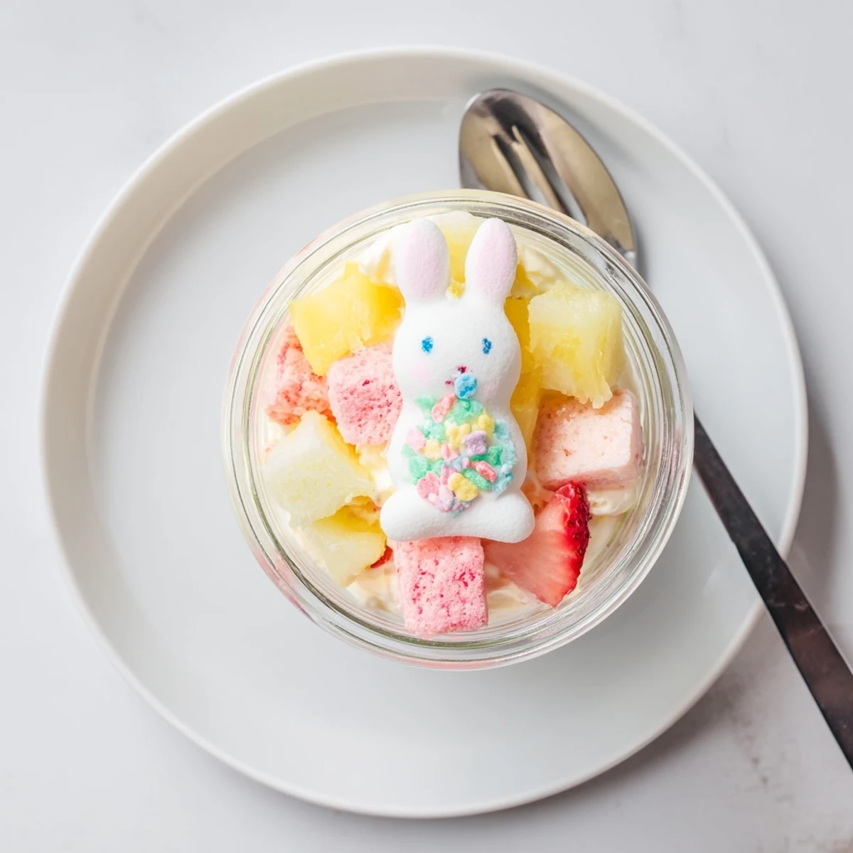 A single Jello Pie Easter Bunny Parfait in a clear jar showcases creamy layers, diced strawberries, and bright pastel sprinkles.