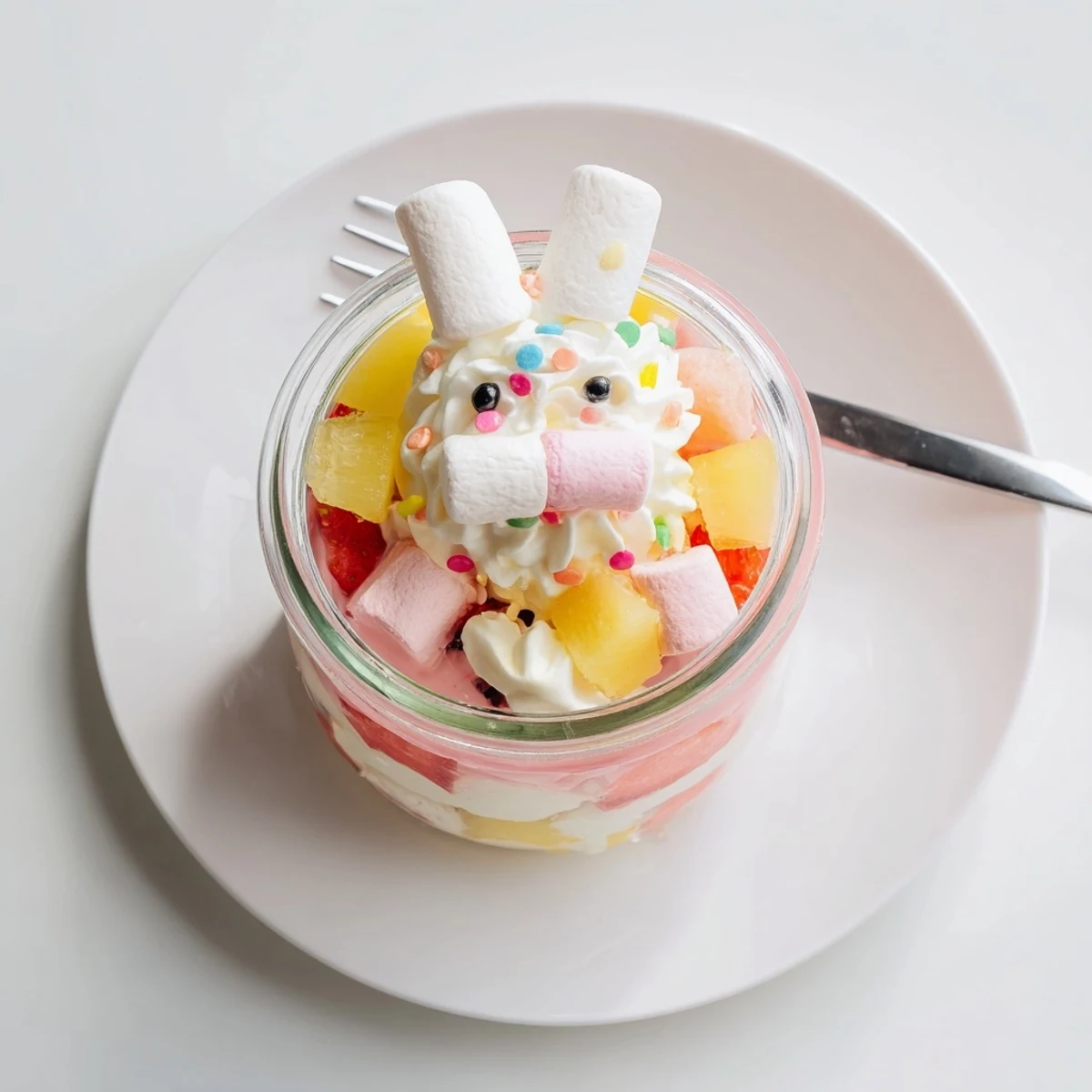 Serve this Jello Pie Easter Bunny Parfait in a jar at spring parties with whipped cream and playful marshmallow bunny toppers.