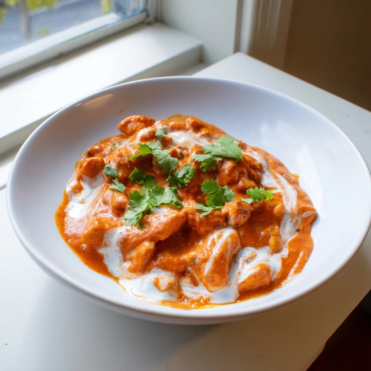 Tender chicken pieces in creamy spiced tomato Butter Chicken served over white rice with naan on the side.