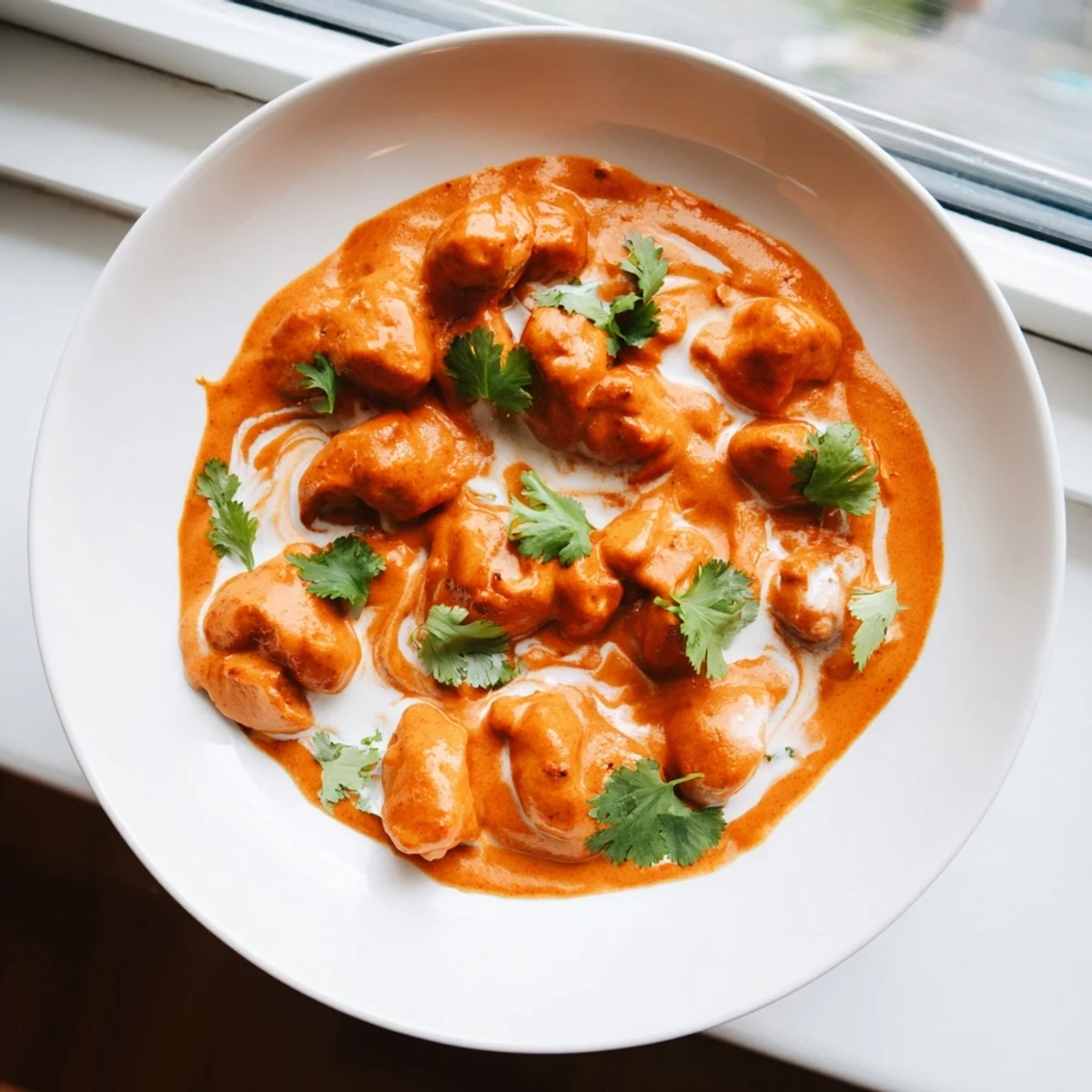 Close-up of velvety Butter Chicken with succulent chicken and aromatic spices beside fluffy basmati rice.