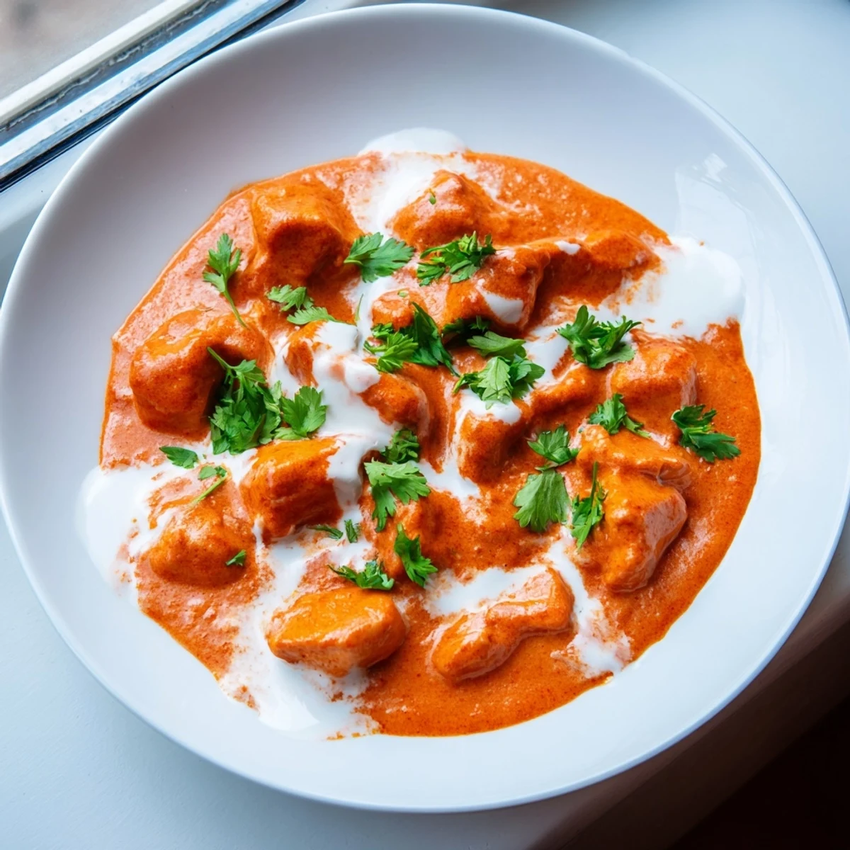 Golden-buttery Butter Chicken simmering in a rich orange sauce, garnished with fresh cilantro and ready to serve.