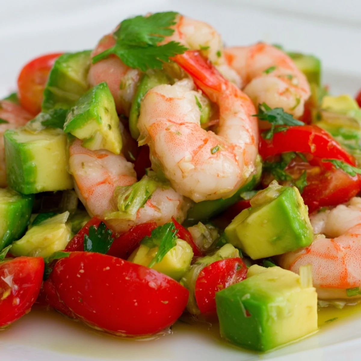 A close-up of Healthy Shrimp Avocado Salad showing pink shrimp and creamy avocado chunks in a bright lime dressing.