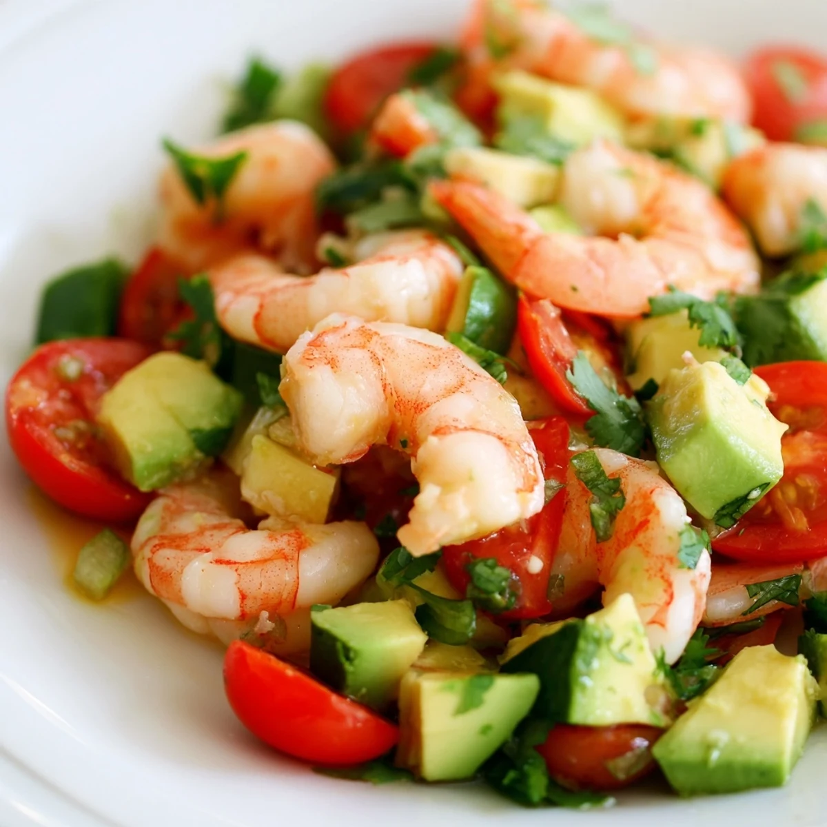 Serve the Healthy Shrimp Avocado Salad chilled, garnished with fresh cilantro, ideal for a light summer dinner.
