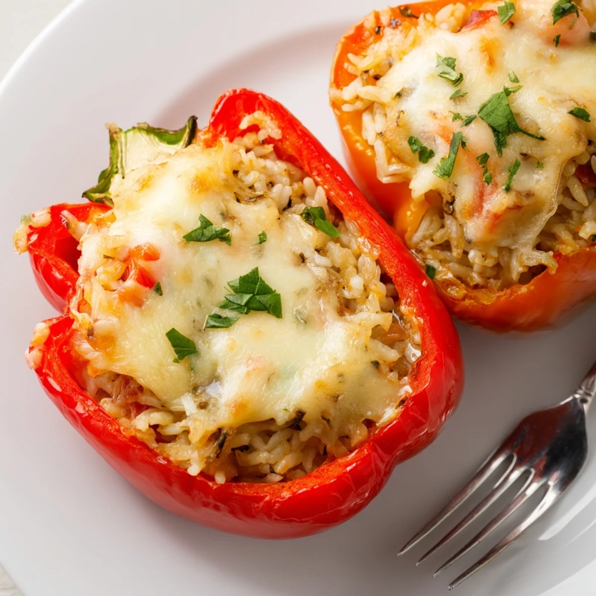 A close-up of Vegetarian Stuffed Bell Peppers revealing a hearty blend of spinach, zucchini, and tomatoes in a baked pepper shell.