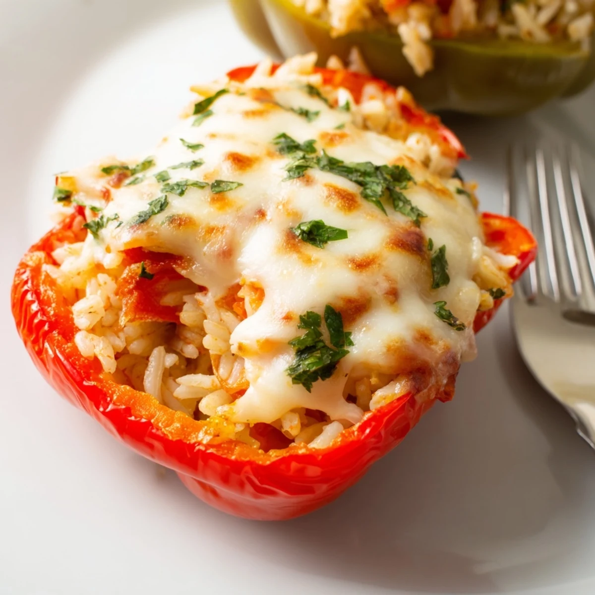 Four colorful bell peppers are filled with a savory rice and vegetable mixture, topped with bubbly melted mozzarella and fresh parsley.