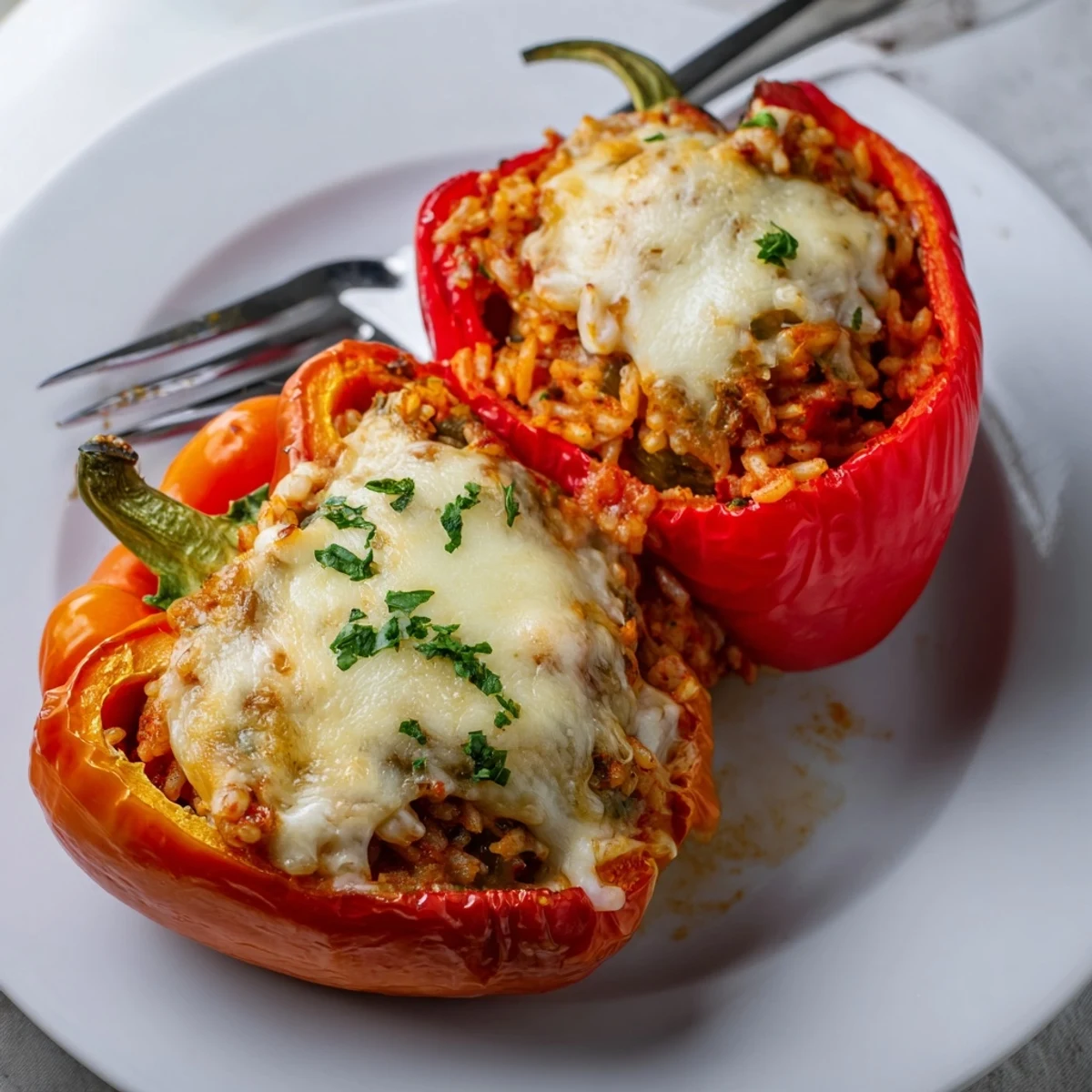 Freshly baked Vegetarian Stuffed Bell Peppers sit on a plate beside a crisp green salad, perfect for a wholesome weeknight dinner.