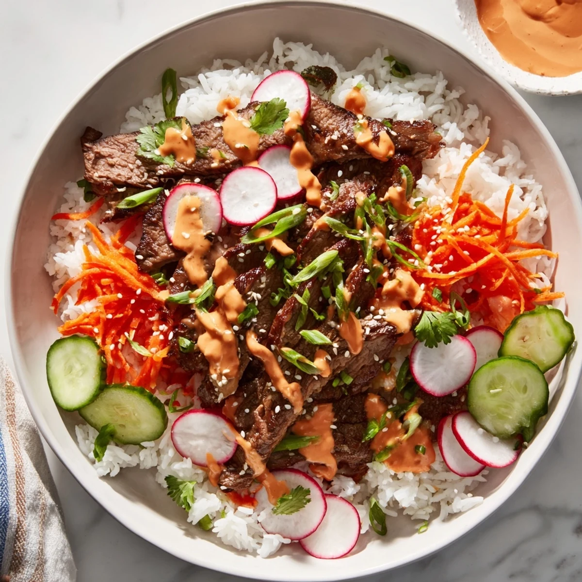 Overhead view of Irresistibly Easy Korean BBQ Steak Rice Bowls with Spicy Cream Sauce arranged in a ceramic bowl, displaying grilled steak, vibrant veggies, and a luscious spicy sauce ready for a satisfying fusion dinner.