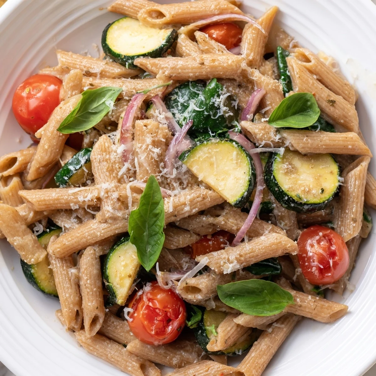 A close-up of healthy tomato zucchini pasta with al dente whole wheat penne coated in a glossy sauce.