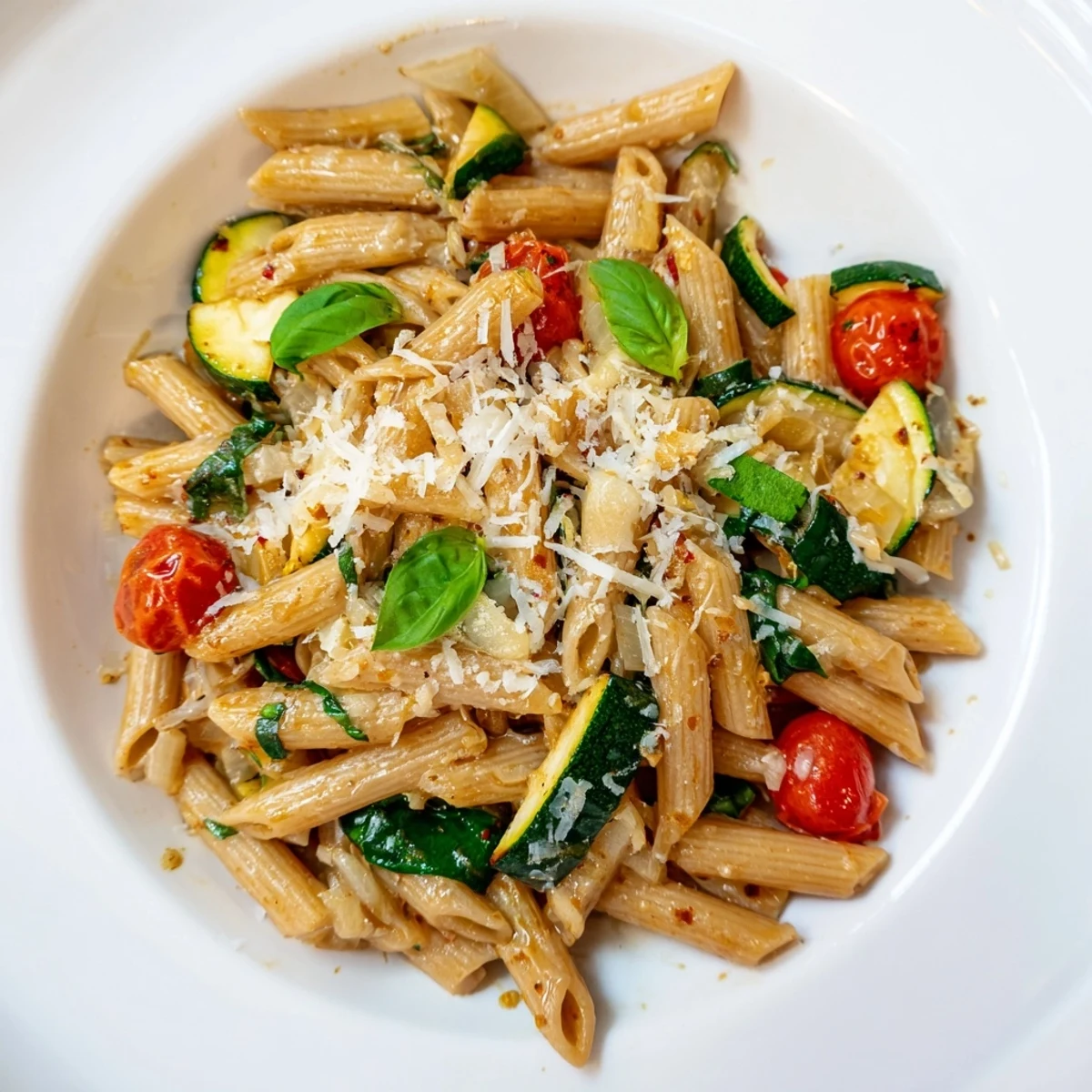 Served in a shallow bowl, this healthy tomato zucchini pasta recipe is garnished with basil and Parmesan.