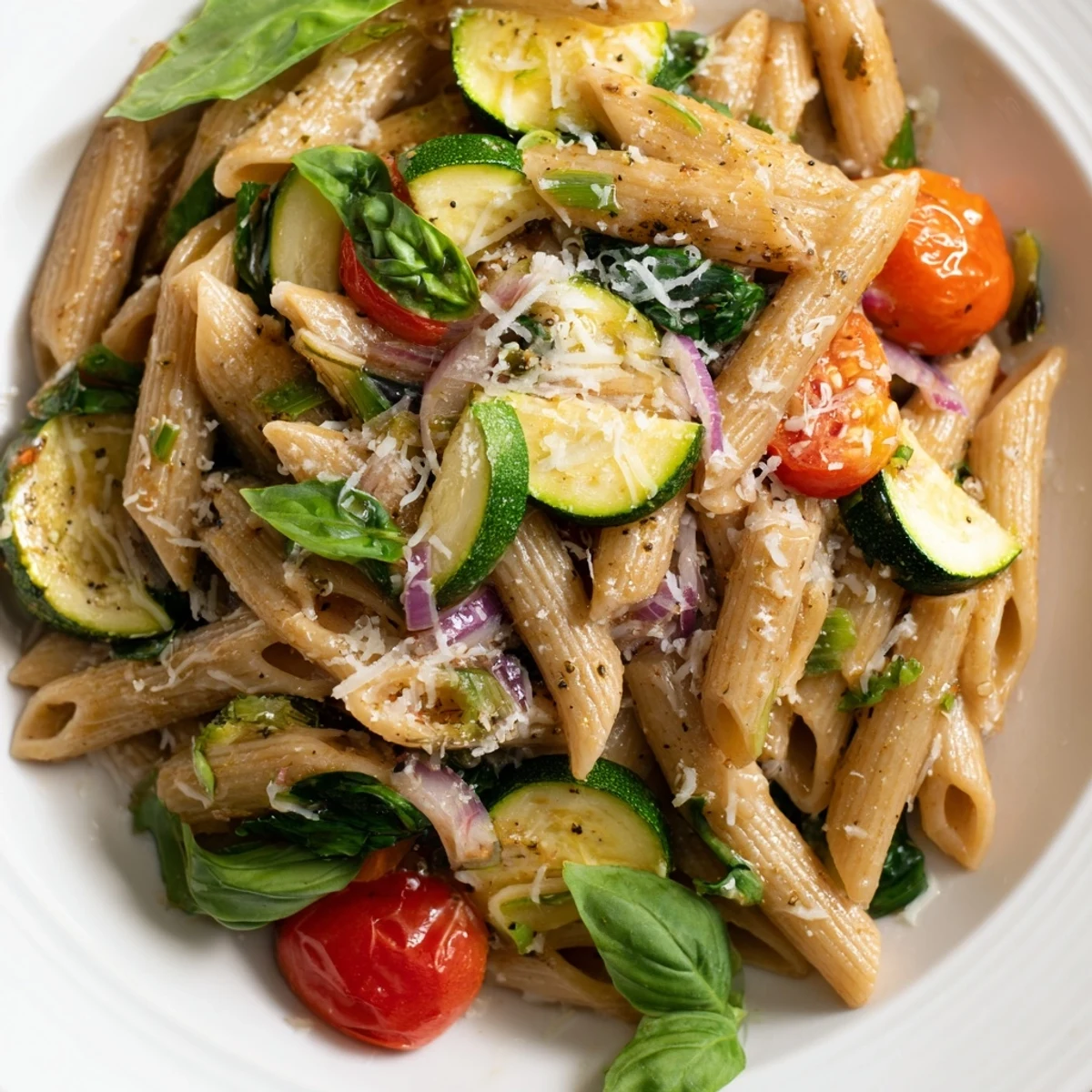 Fresh zucchini and cherry tomatoes sautéed with garlic and herbs in this easy vegetarian Italian pasta recipe.