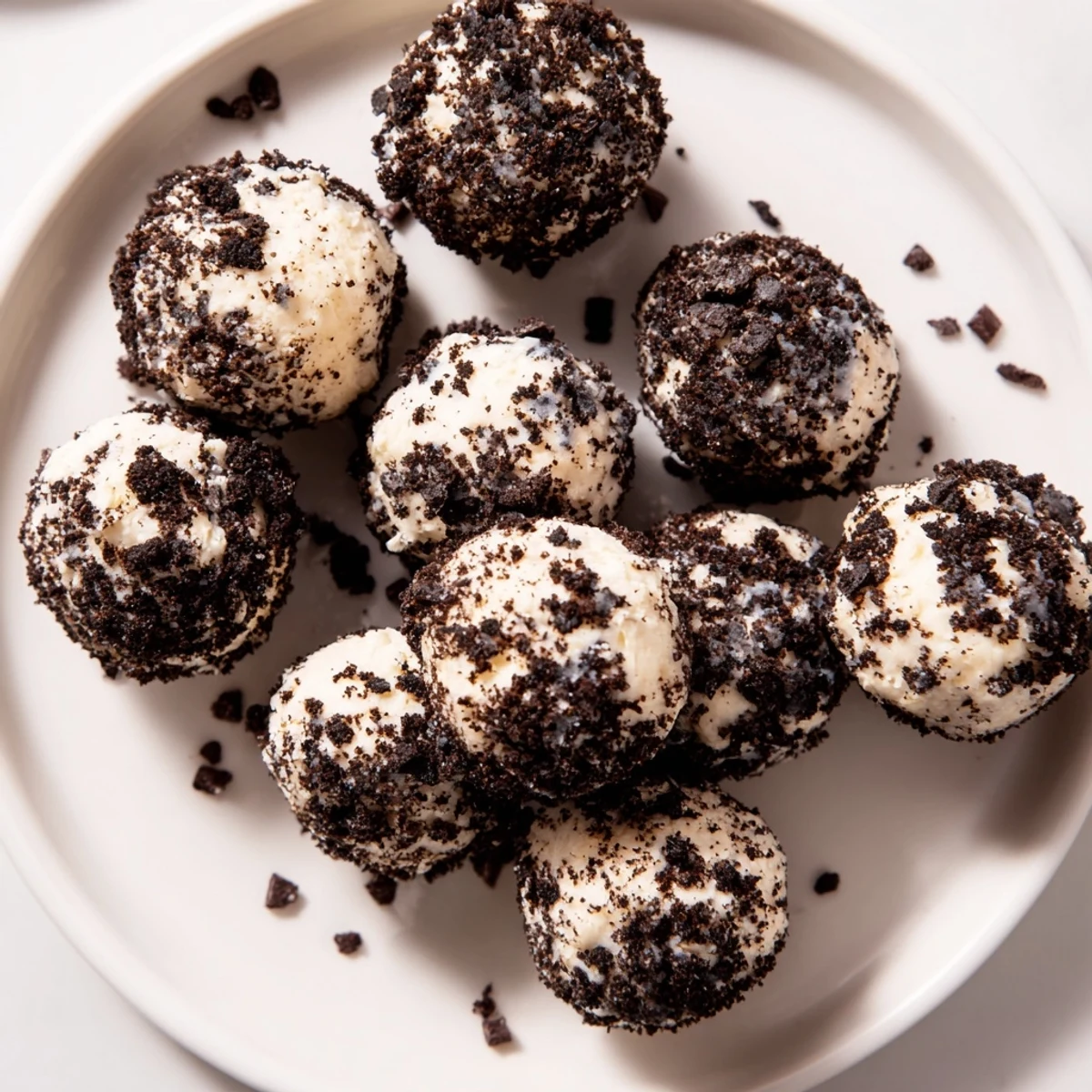 Cream Cheese Oreo Protein Balls on a marble board with crumbs, ready to serve as a no-bake snack.