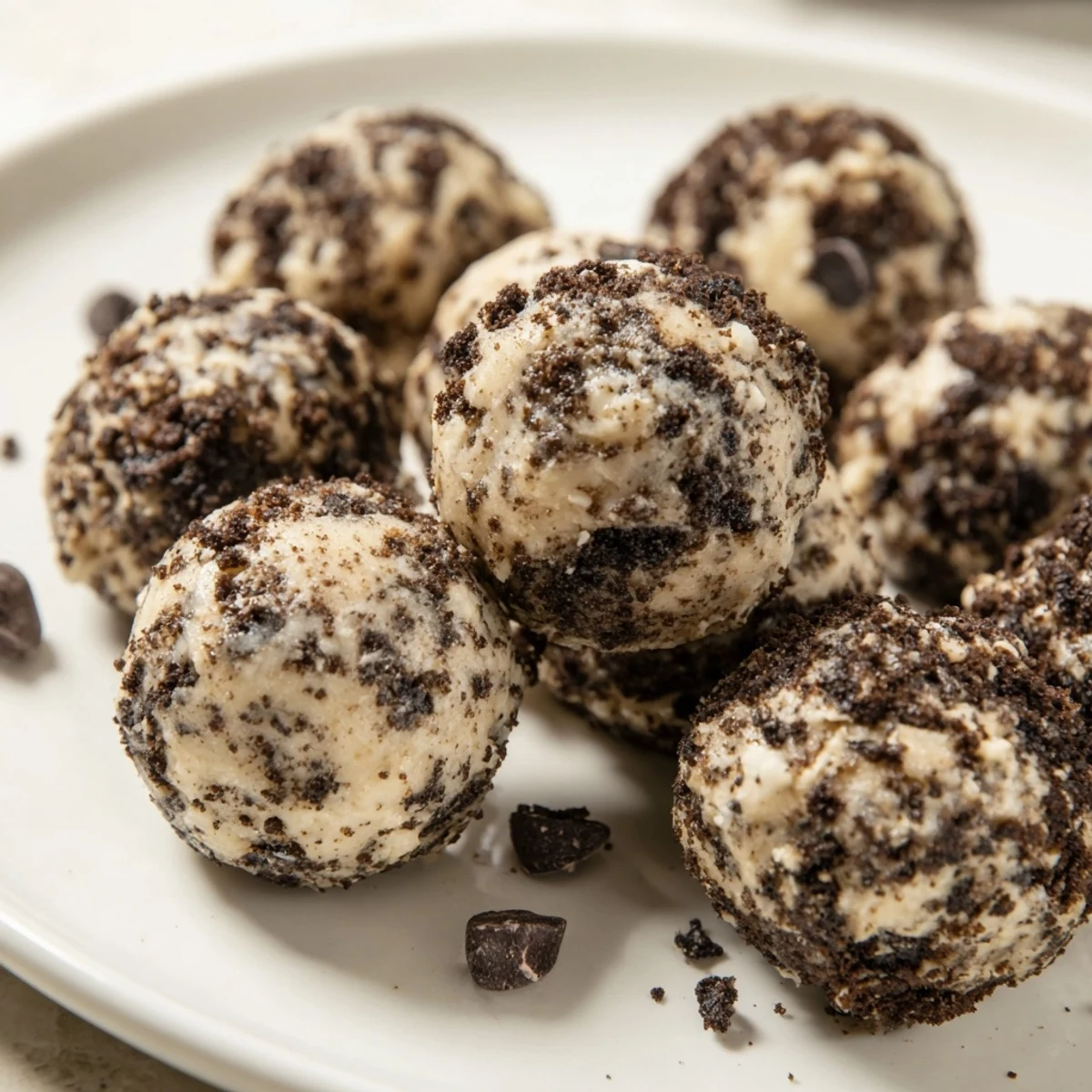 Cream Cheese Oreo Protein Balls arranged on a platter with chocolate drizzle, great for a quick dessert.