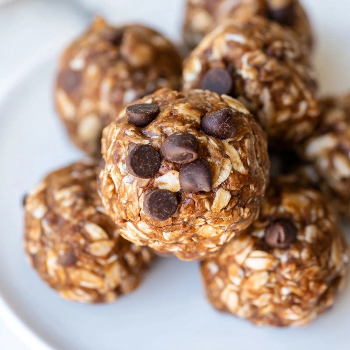 Freshly rolled No Bake Peanut Butter Energy Bites with oats and mini chocolate chips on a white plate.