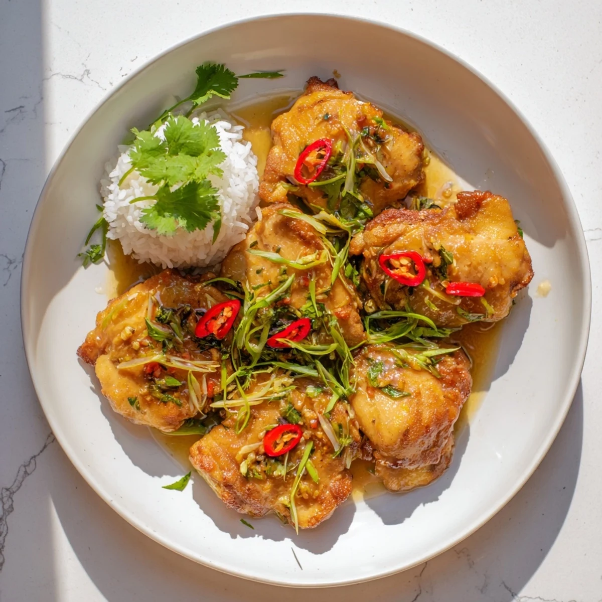 Golden-brown Vietnamese Lemongrass Chicken thighs glisten with fragrant marinade, served alongside fluffy steamed jasmine rice and fresh cilantro garnish.