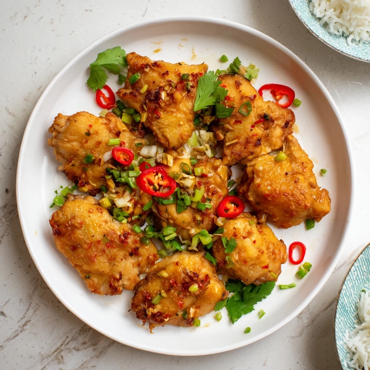 Sizzling marinated chicken thighs sear to perfection in a hot pan, showcasing the aromatic lemongrass, garlic, and spices in this Vietnamese classic.