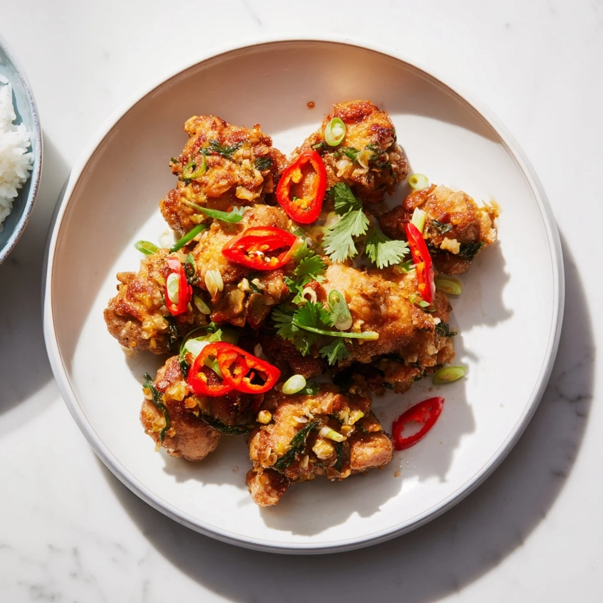 Plated Vietnamese Lemongrass Chicken with a side of vermicelli noodles, topped with fresh scallions and vibrant red chili slices for a spicy kick.