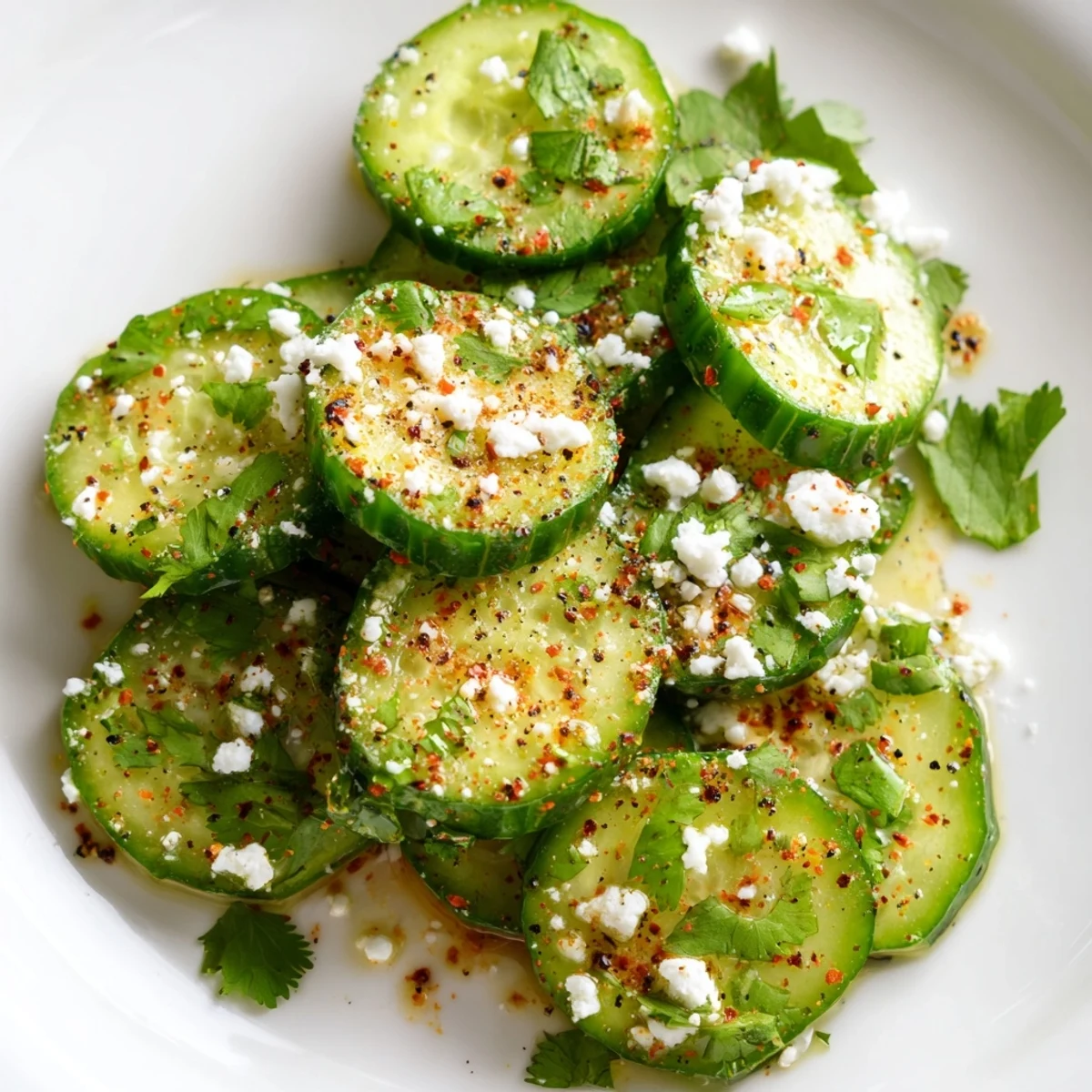 Fresh Mexican Style Cucumbers glistening with lime juice and chili powder served in a glass bowl.