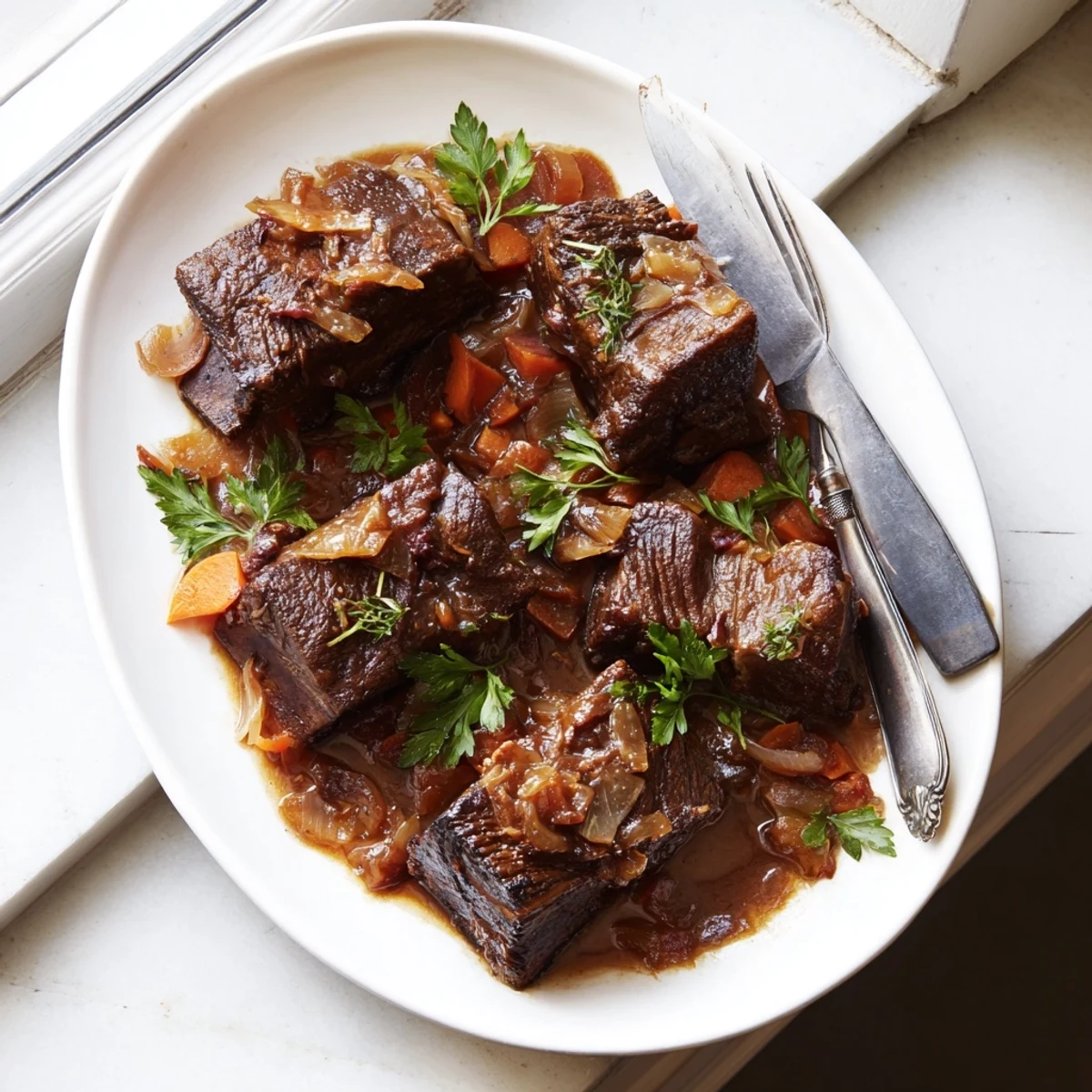 Tender Maple Bourbon Glazed Short Ribs glisten with sticky sauce, served beside creamy mashed potatoes for a hearty meal.  