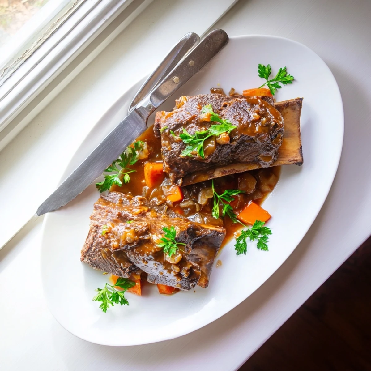 A close-up shows fall-off-the-bone Maple Bourbon Glazed Short Ribs with caramelized edges and aromatic bourbon glaze dripping slowly.  