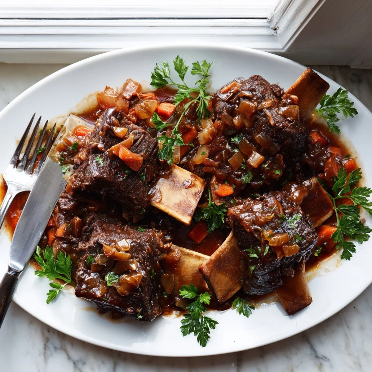 Golden-brown Maple Bourbon Glazed Short Ribs rest on a platter, garnished with fresh herbs and roasted root vegetables.
