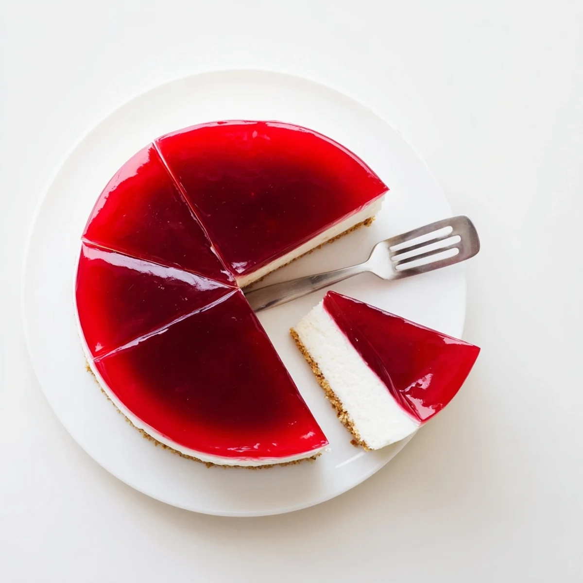 A slice of No Bake Greek Yogurt Jello Cheesecake layered with bright pink gelatin on a graham cracker crust.