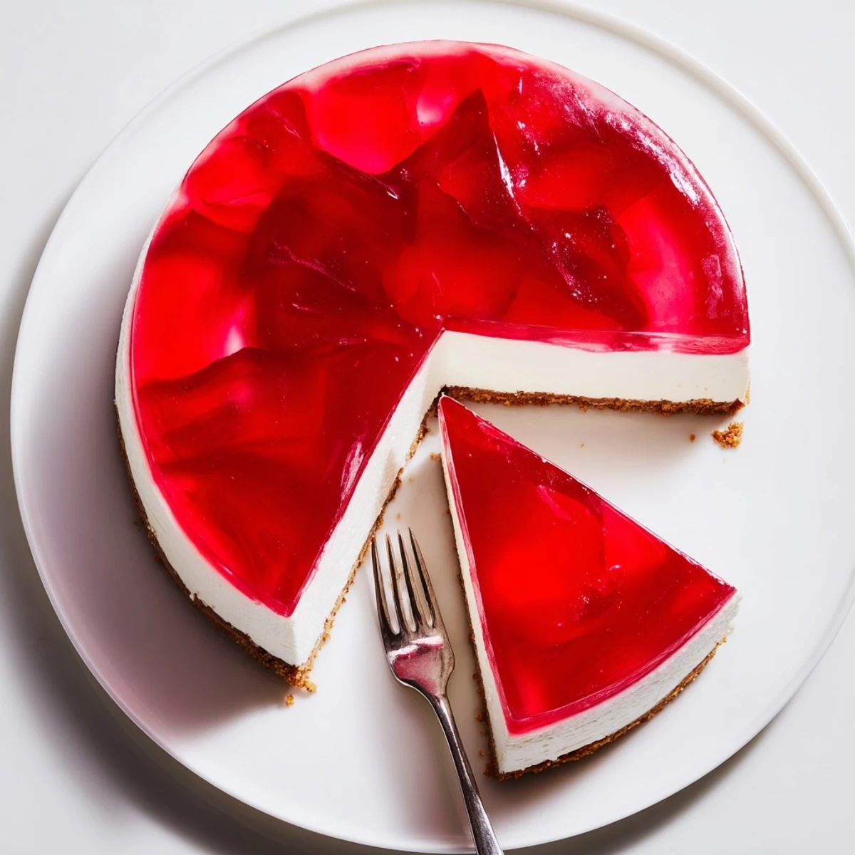 Close-up view of No Bake Greek Yogurt Jello Cheesecake showing creamy filling and a firm, glossy jello layer.