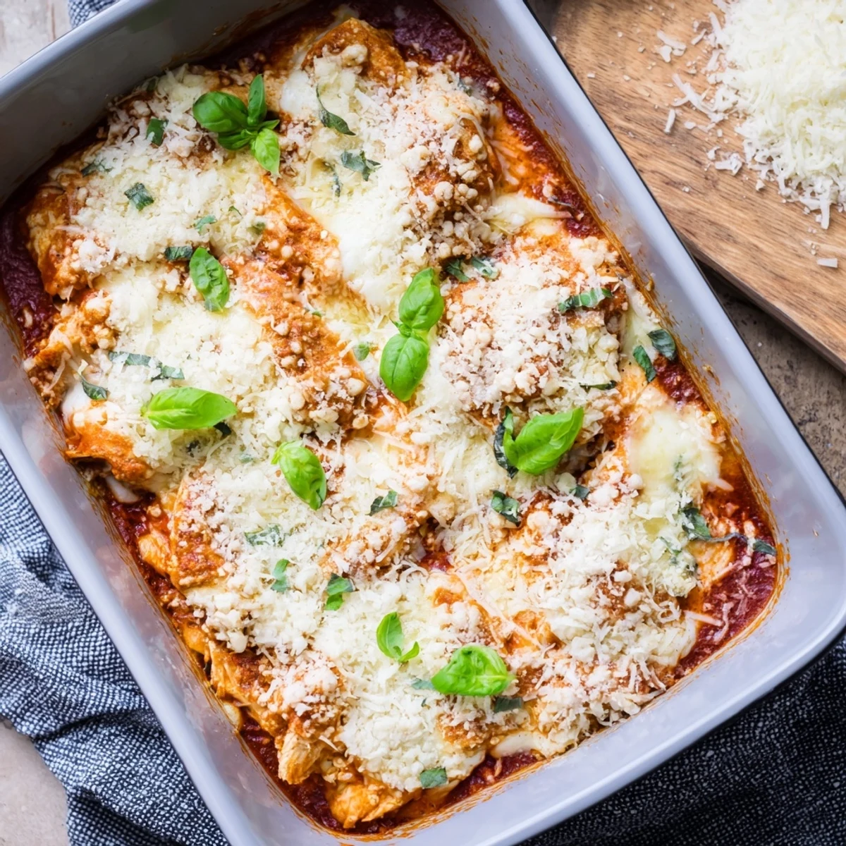 Keto Chicken Parmesan Casserole on a plate beside a fresh salad, ready to enjoy.