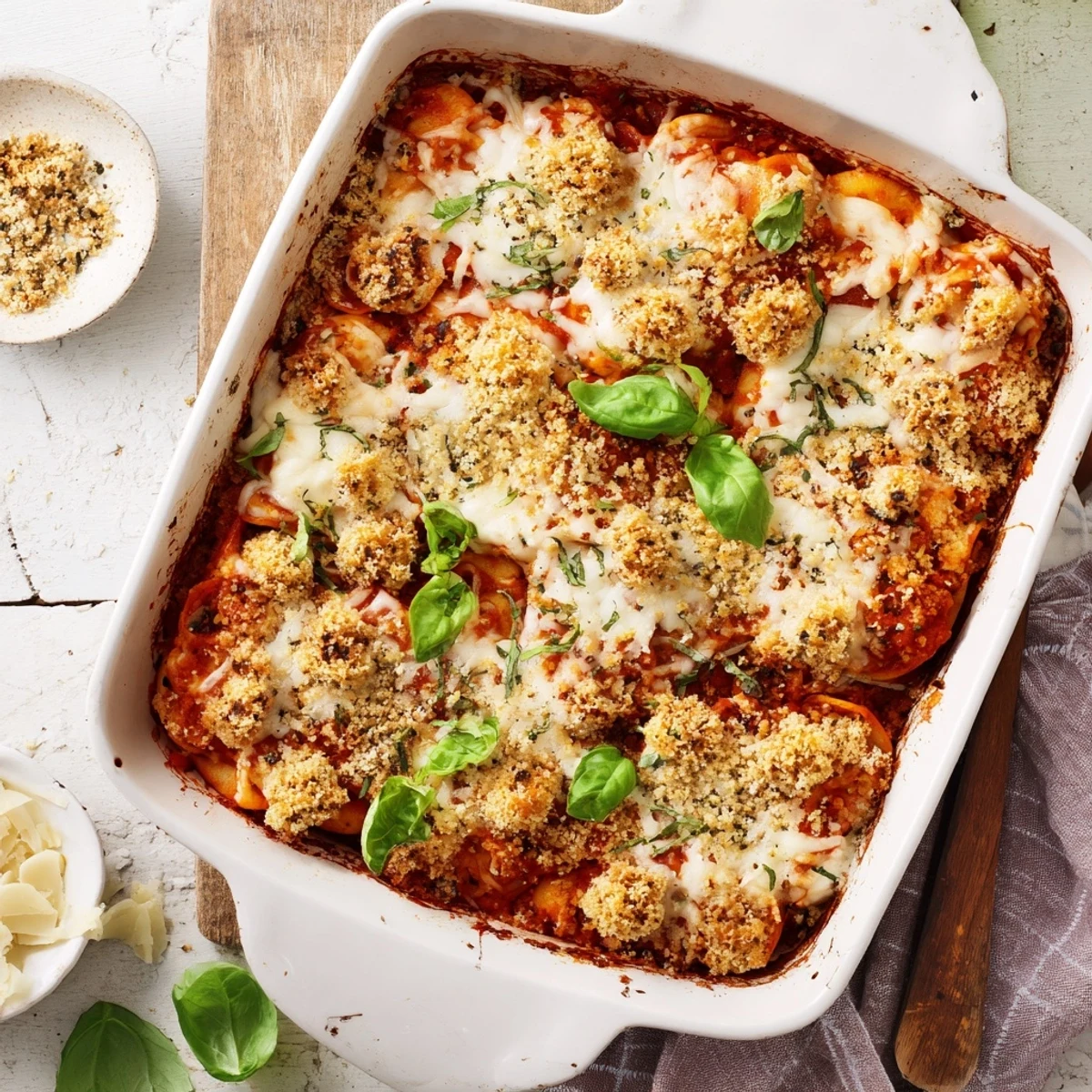 Keto Chicken Parmesan Casserole with a golden crust and chopped basil garnish, baked to perfection.