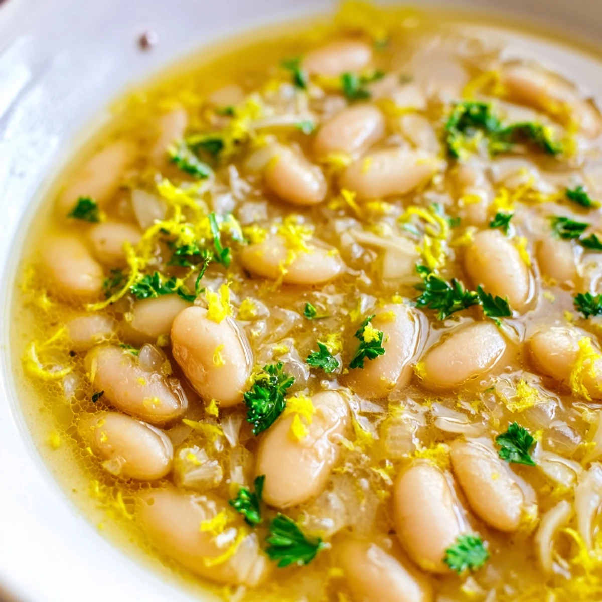 Cannellini beans simmer in a miso butter brothy beans broth, garnished with parsley and lemon zest.