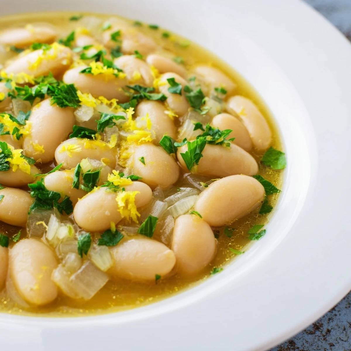 A close-up of miso butter brothy beans with herbs, served with crusty bread for dipping.