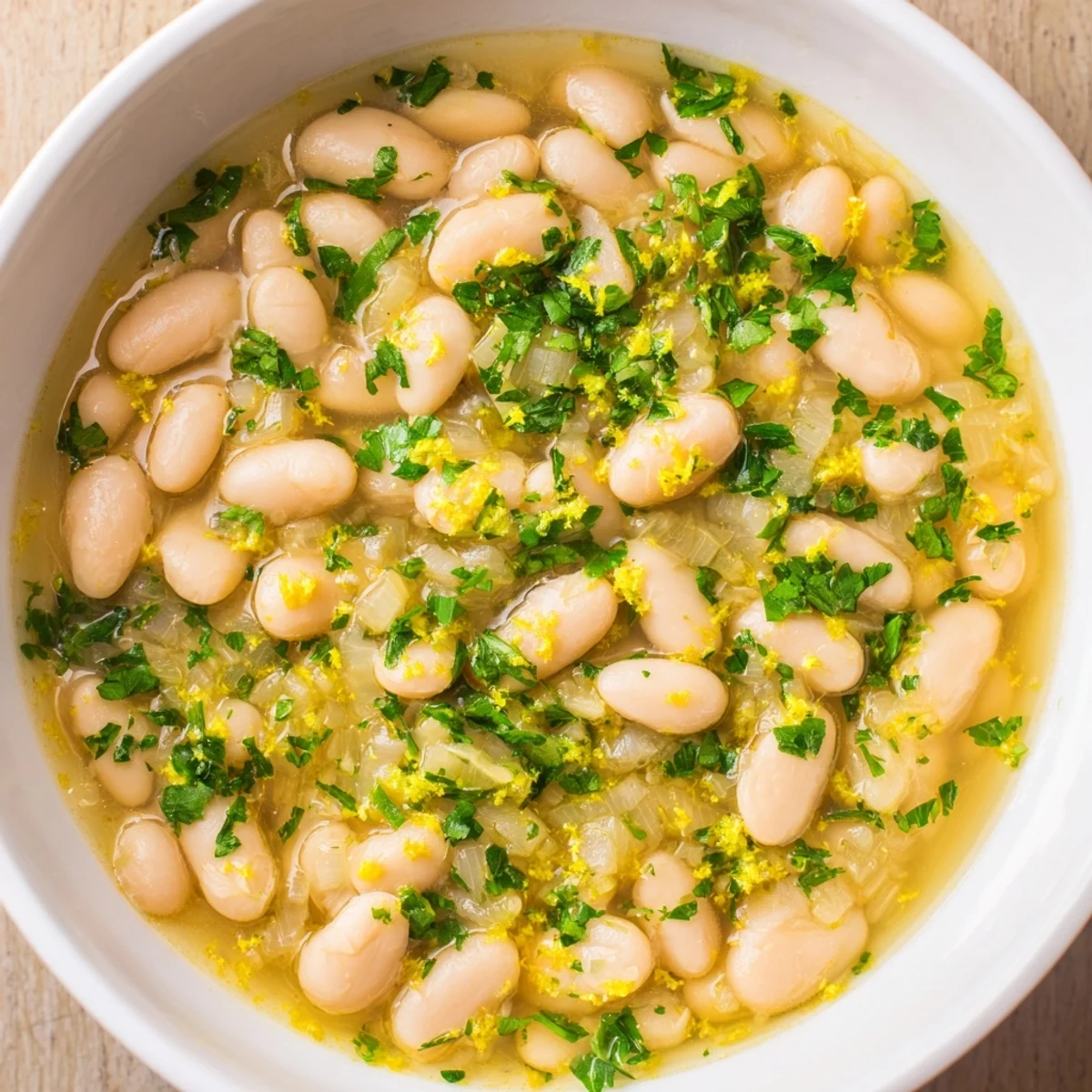 Uplifting bowl of miso butter brothy beans, finished with lemon zest and chives over rice.