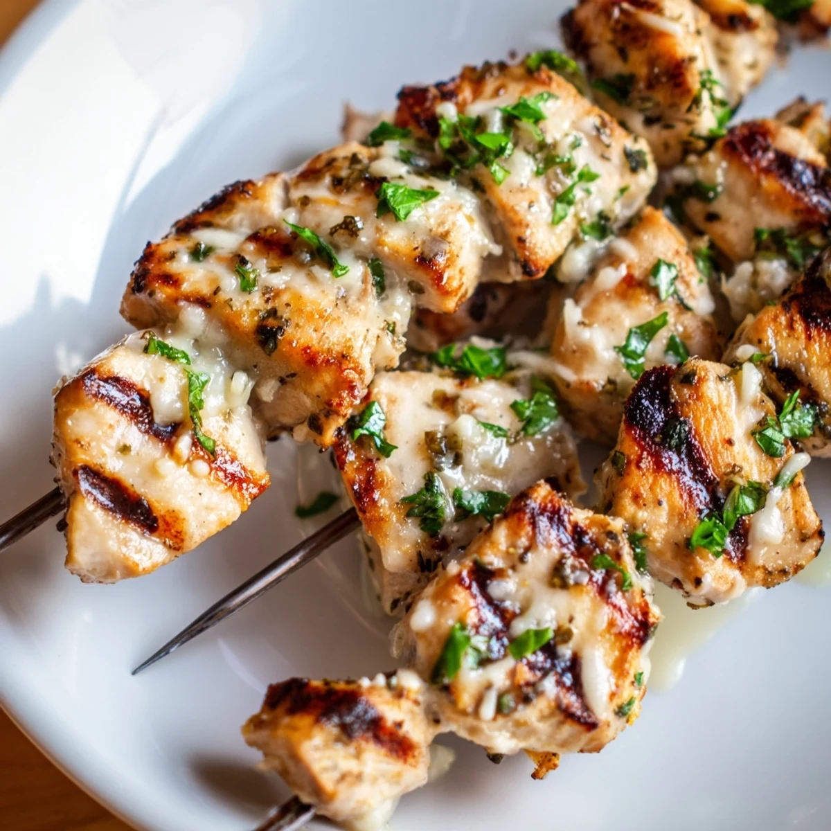 Golden Ranch Garlic Parmesan Chicken Skewers sizzling on the grill with melted Parmesan and fresh parsley garnish.