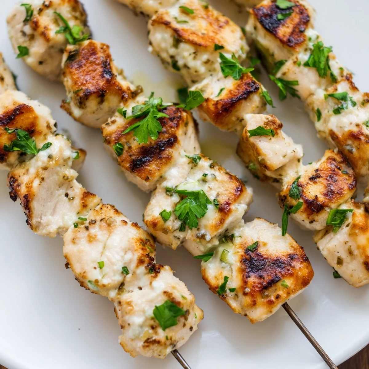 Juicy Ranch Garlic Parmesan Chicken Skewers served hot over rice with a bright squeeze of lemon.