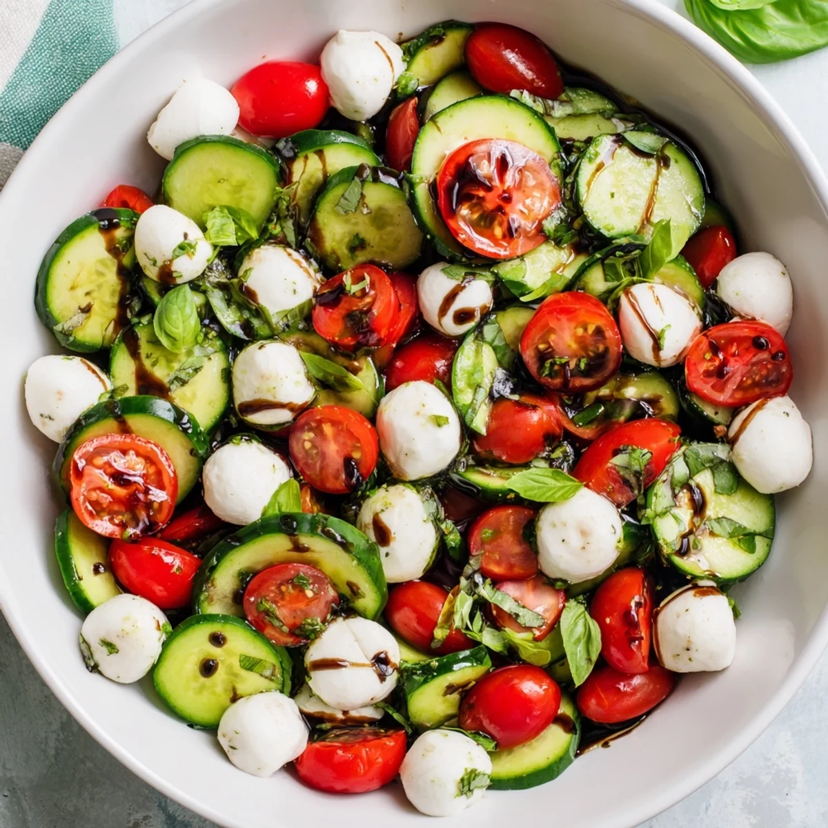 Fresh sliced cucumbers, ripe cherry tomatoes, and creamy mozzarella balls in Juicy Cucumber Caprese Salad tossed with fragrant basil.  