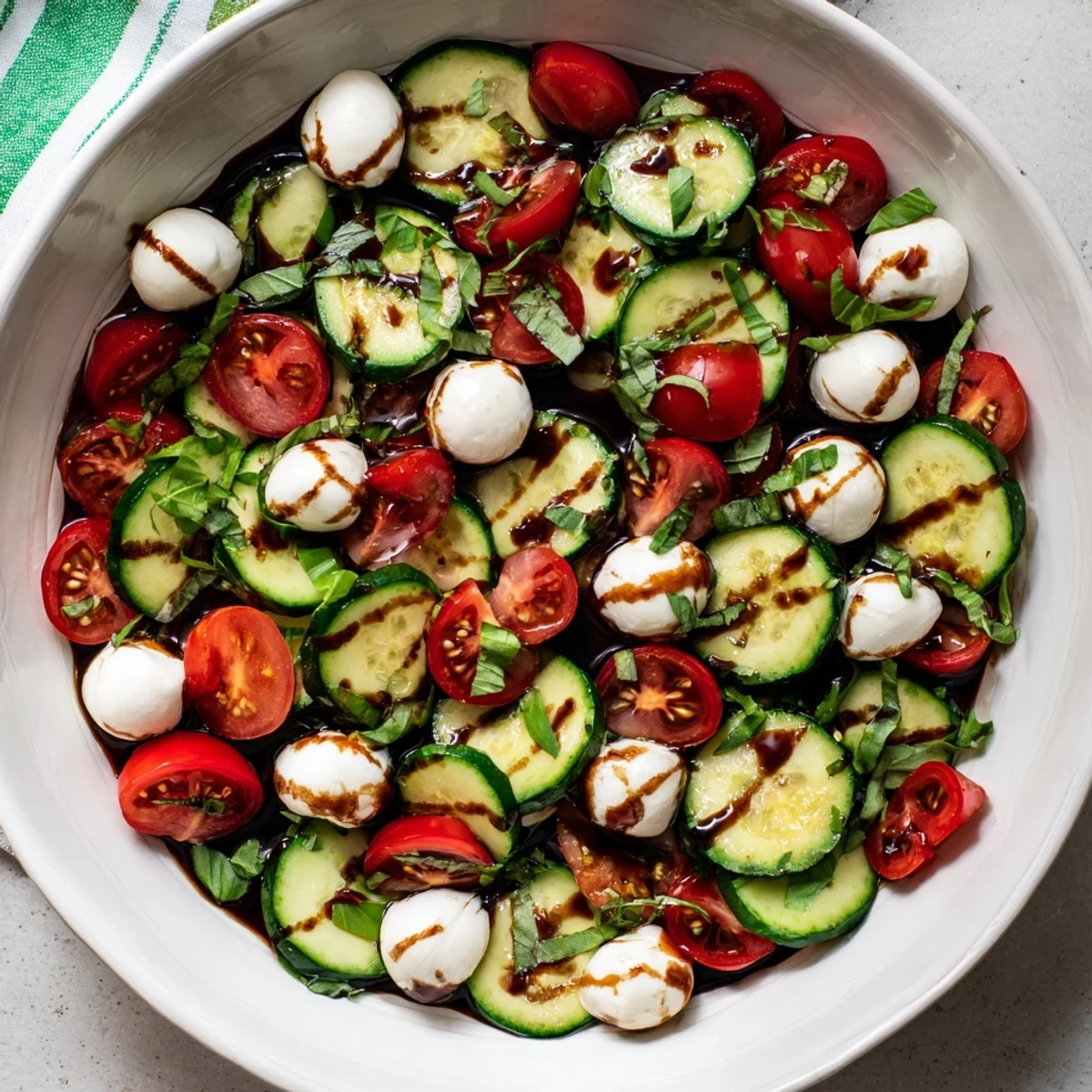 Juicy Cucumber Caprese Salad arranged in a white bowl with balsamic drizzle, perfect for a light vegetarian lunch.  