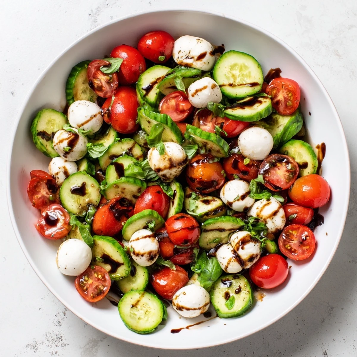 Vibrant Juicy Cucumber Caprese Salad served chilled, featuring halved mozzarella, tomatoes, and basil on a rustic wooden table.