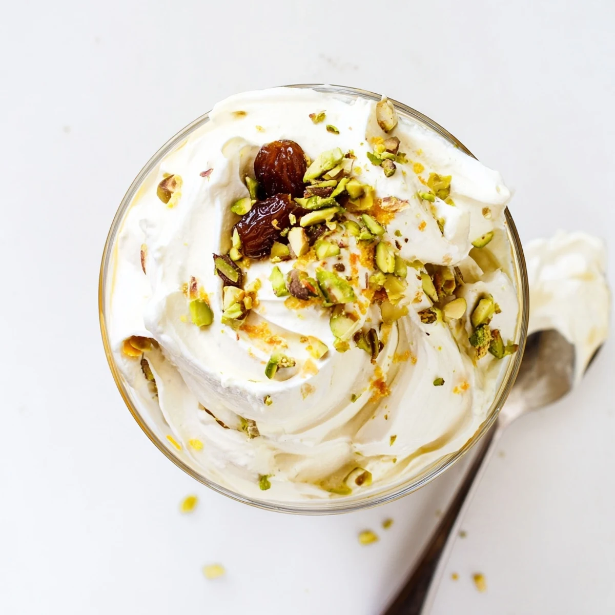Airy Lebanese Date Orange Blossom Mousse topped with chopped pistachios and zest in glass cups.