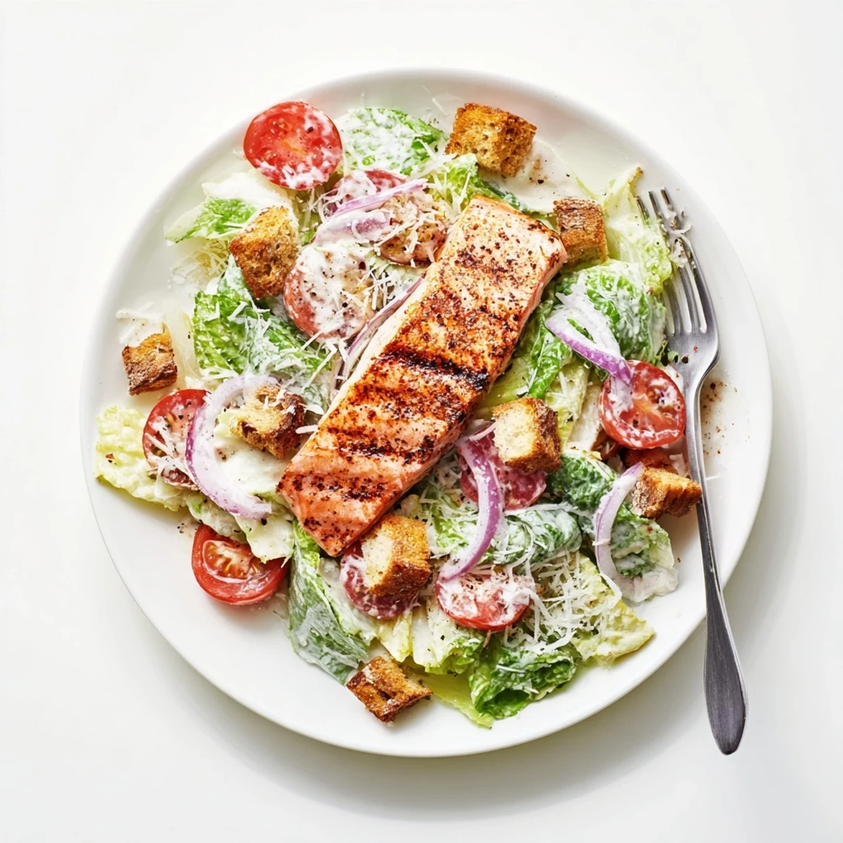 Grilled salmon Caesar salad with crisp romaine, crunchy croutons, and creamy homemade dressing.  