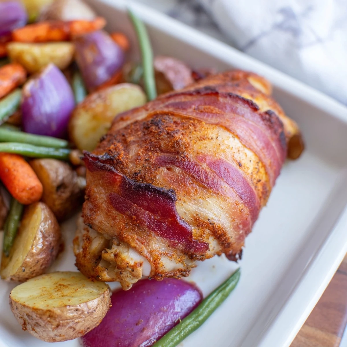 Crispy bacon encloses juicy seasoned chicken thighs nestled among roasted baby potatoes and carrots