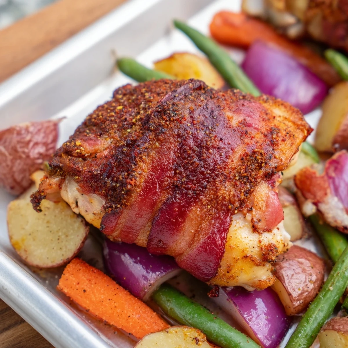 Golden bacon wrapped chicken thighs roasted with colorful vegetables on a large baking tray