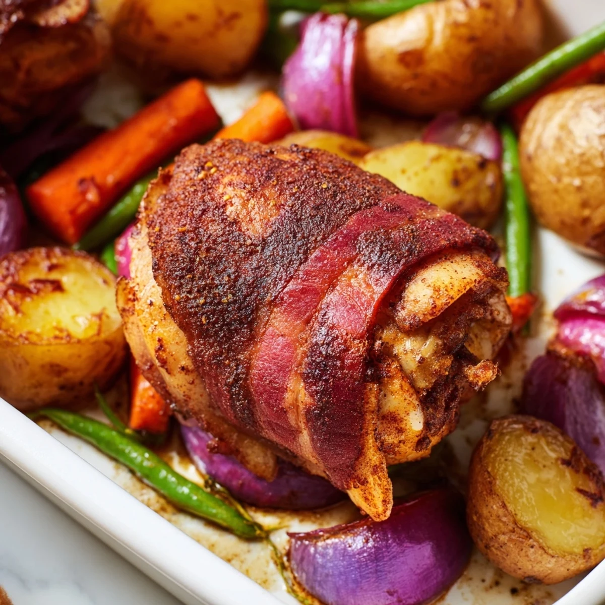 One pan meal featuring bacon wrapped chicken thighs with tender veggies fresh from the oven