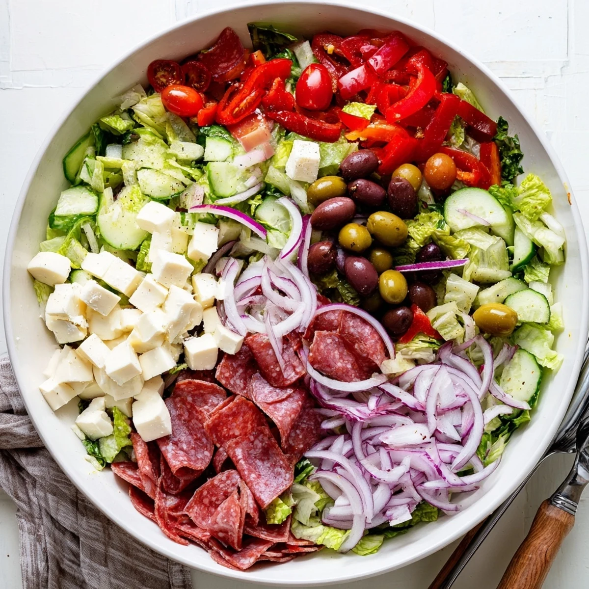 Vibrant Italian chopped salad tossed in tangy homemade dressing with red peppers, olives and Parmesan shavings