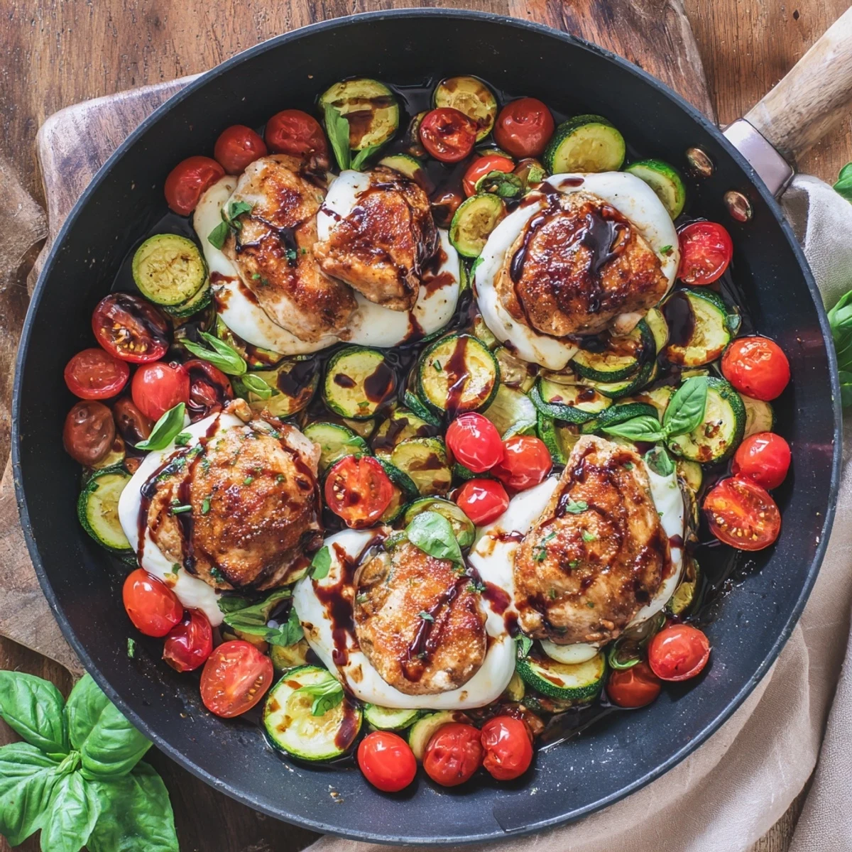 Golden pan-seared Caprese chicken breasts nestled with zucchini, tomatoes, and melted mozzarella cheese