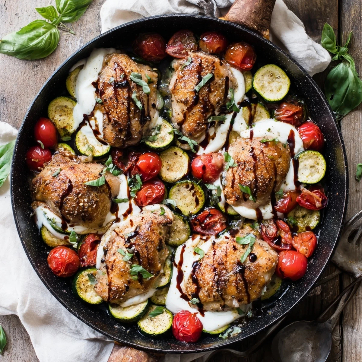 One-pan Caprese chicken skillet featuring tender meat, fresh vegetables, and creamy melted mozzarella topping