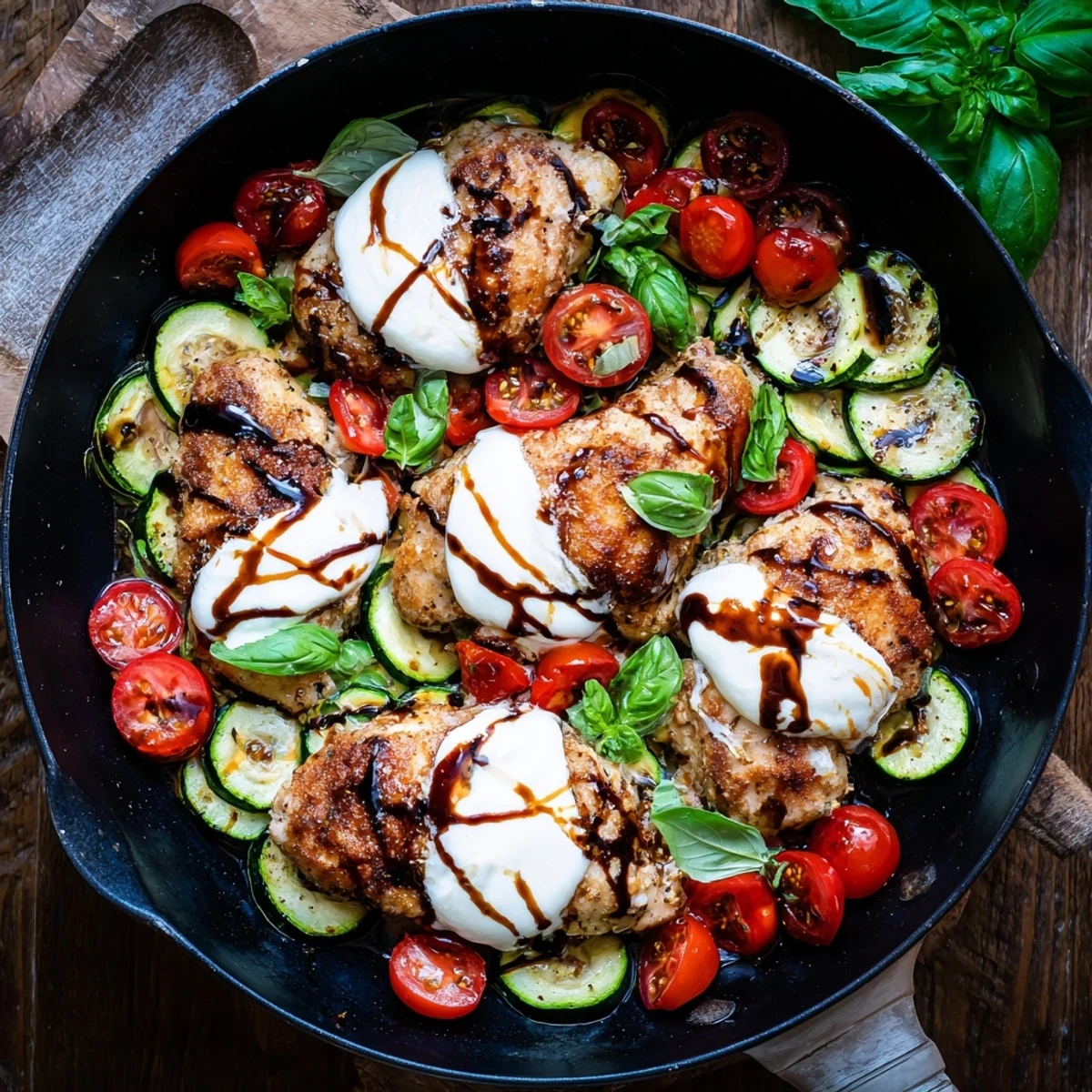 Sizzling skillet of Caprese chicken with zucchini rounds, cherry tomatoes, and basil garnish on cheese