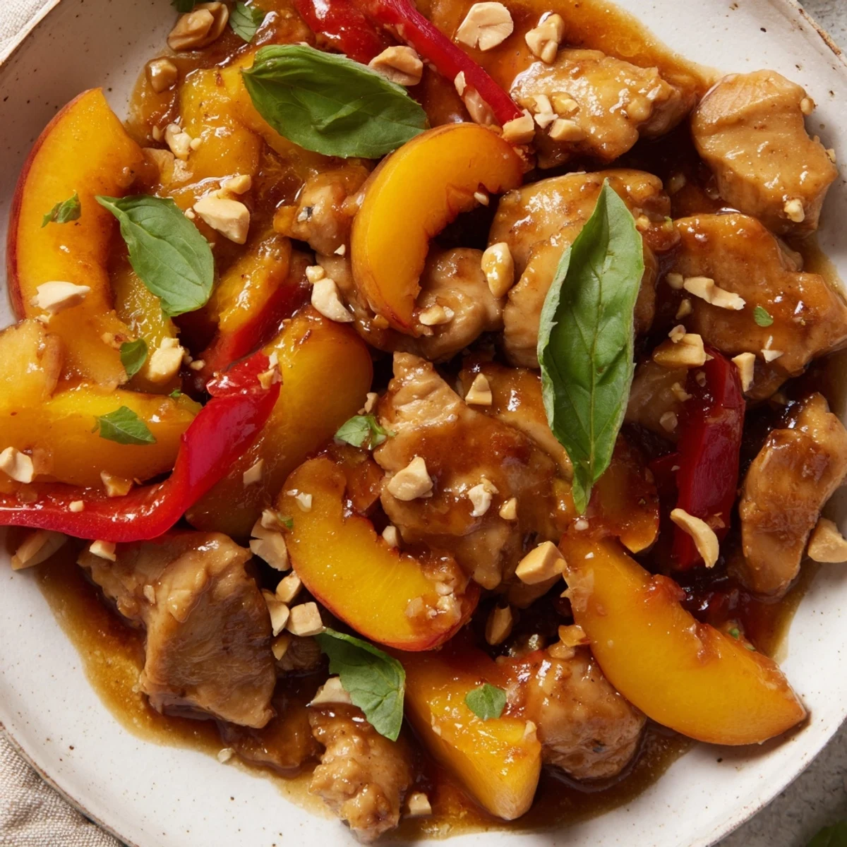 Golden Thai peach chicken glistening in spicy sweet glaze with colorful bell pepper strips
