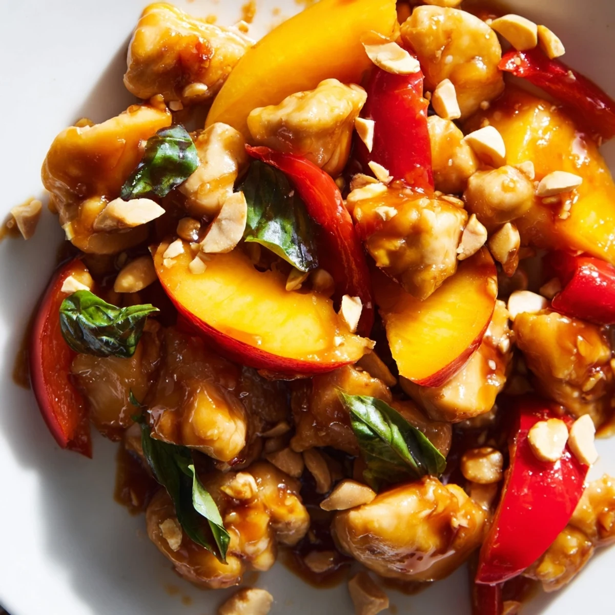 Vibrant skillet of Thai peach chicken served over rice with lime wedges and roasted peanuts
